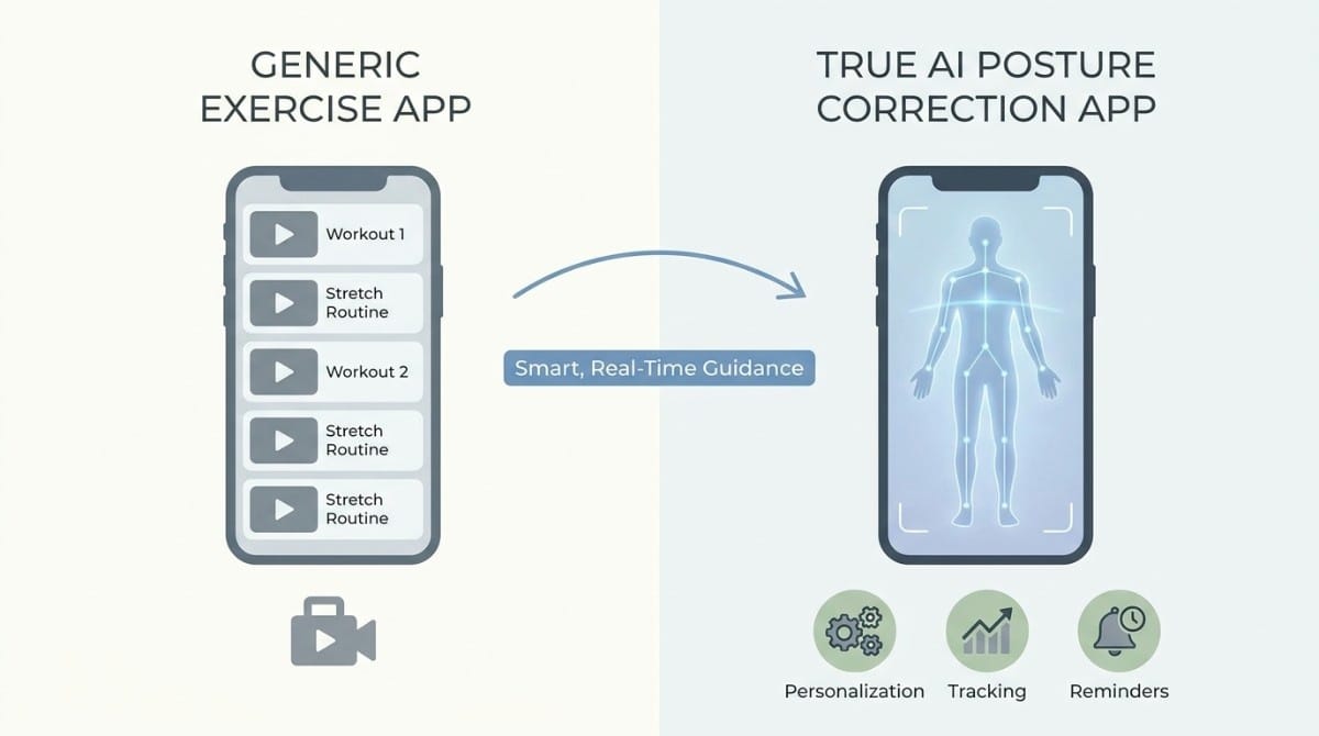 Comparison graphic showing a generic exercise app with workout videos versus an AI posture correction app offering real-time guidance, personalization, progress tracking, and reminders.