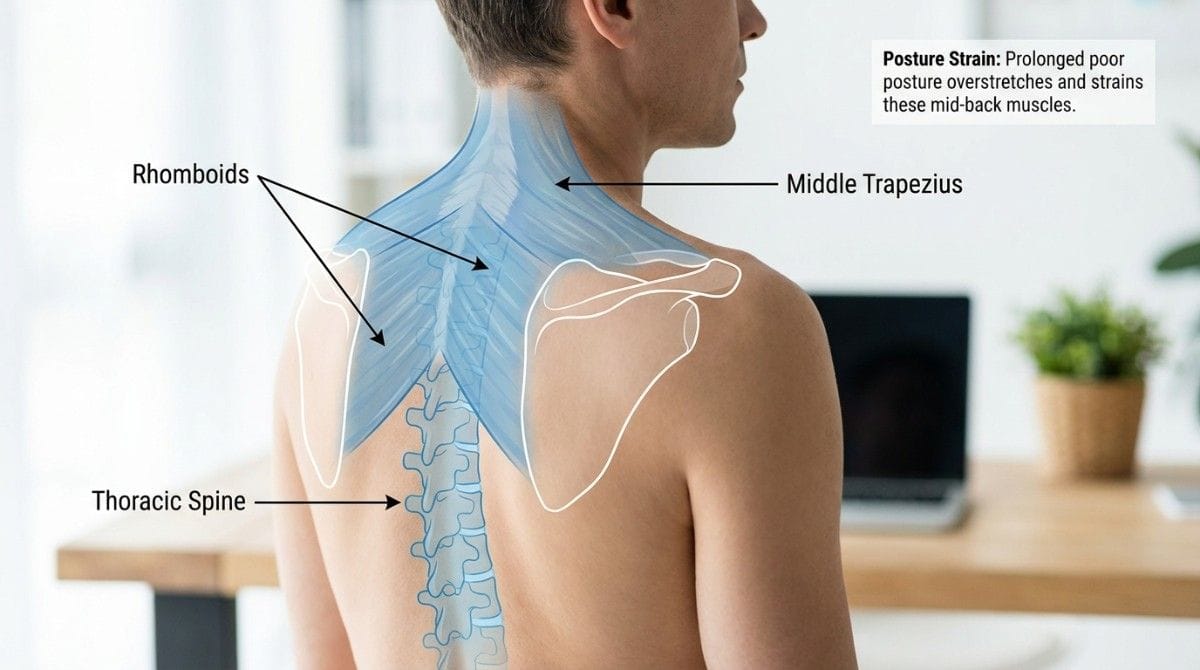 An anatomical illustration highlighting the rhomboids, middle trapezius, and thoracic spine, showing areas commonly affected by posture-related strain.
