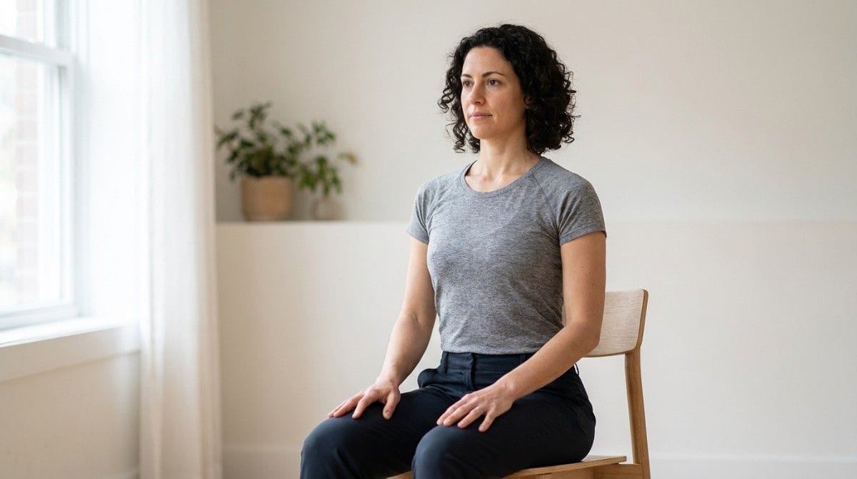 A woman sits upright on a chair with shoulders relaxed and spine aligned, demonstrating proper seated posture.