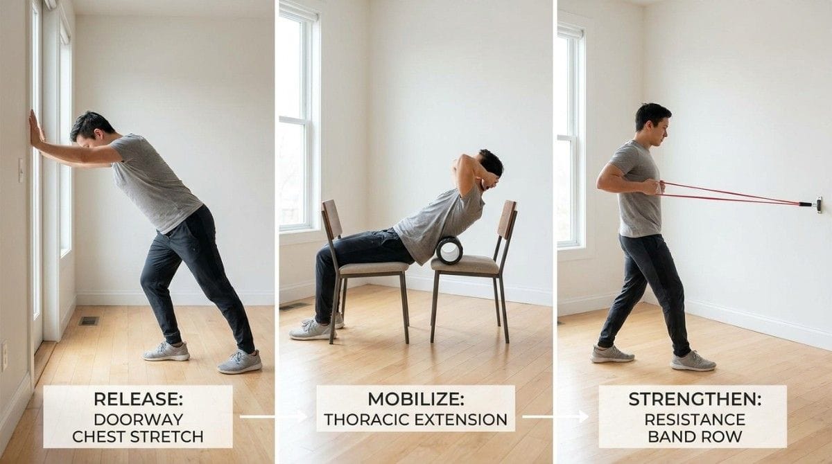 A three-panel guide demonstrating a doorway chest stretch, thoracic extension exercise, and resistance band row for posture correction.