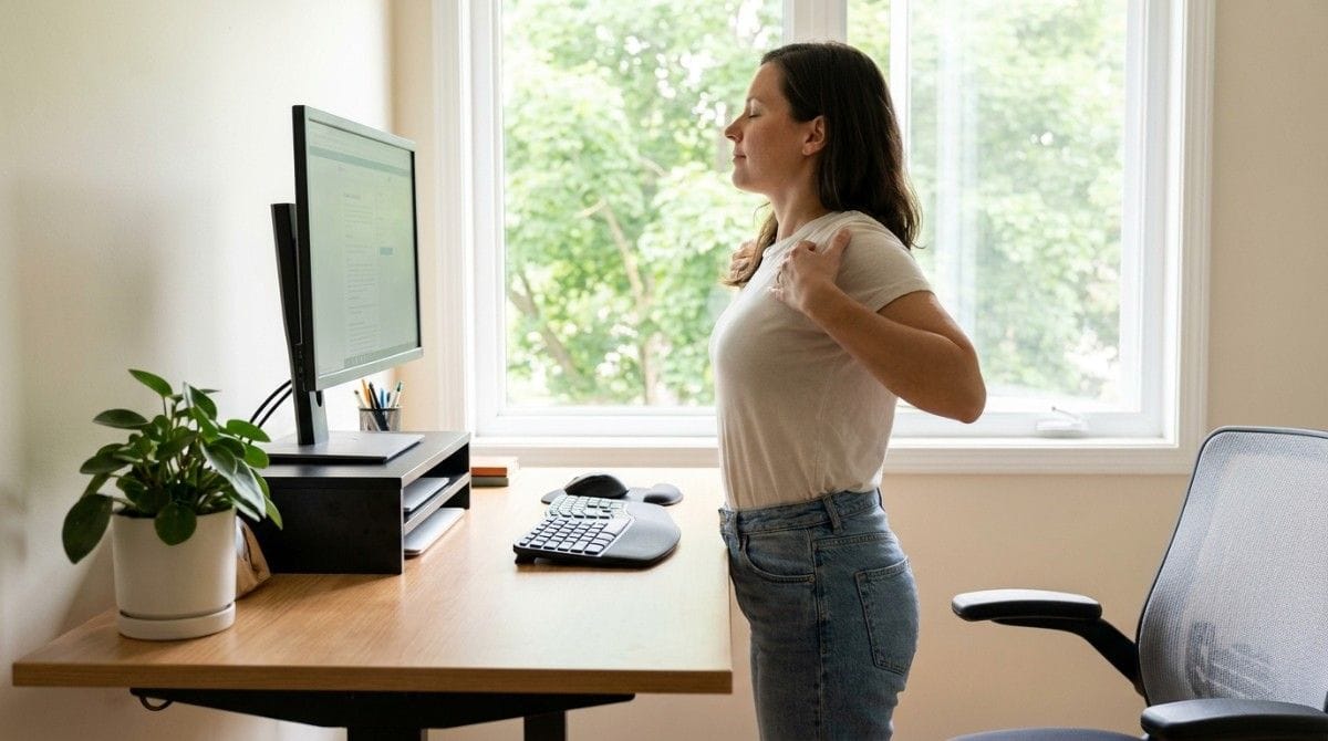 A woman stands at a desk workstation, gently pulling her shoulders back to practice proper posture while working on a computer.