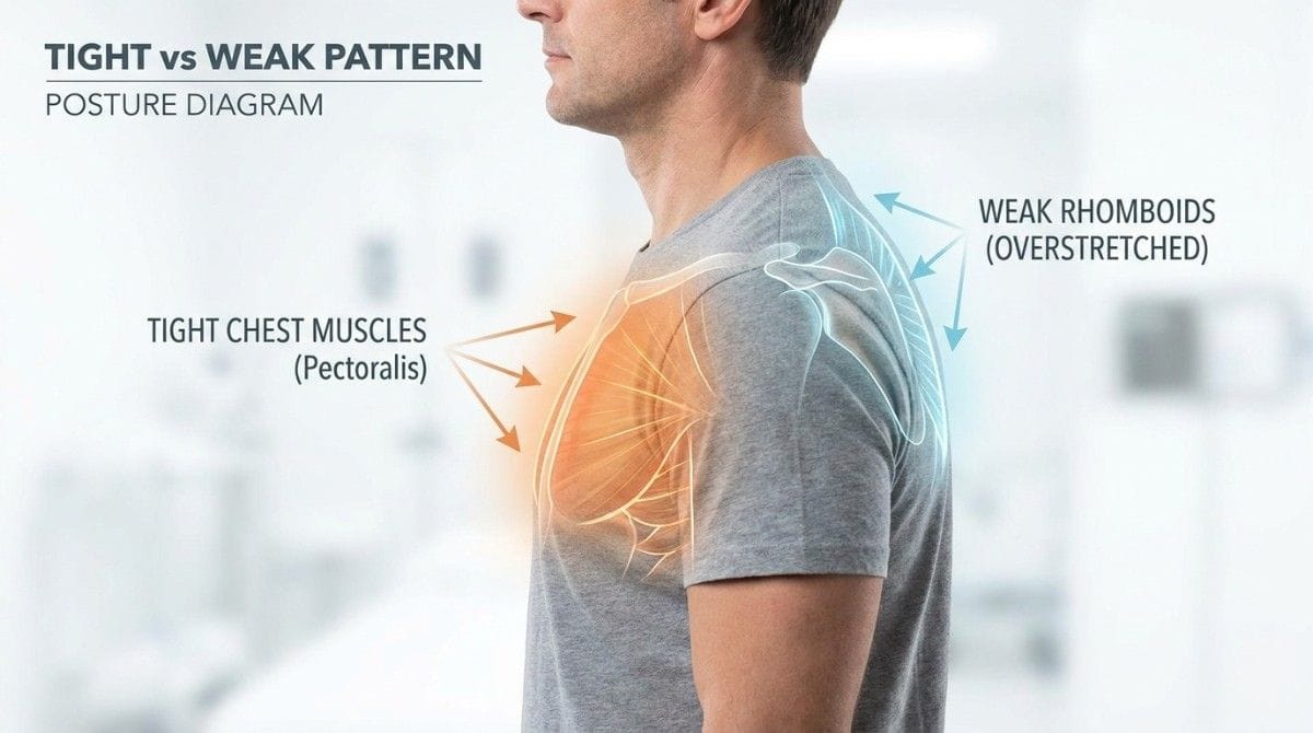 An educational posture diagram showing tight chest muscles and overstretched rhomboids, illustrating common muscle imbalances associated with rounded shoulders.