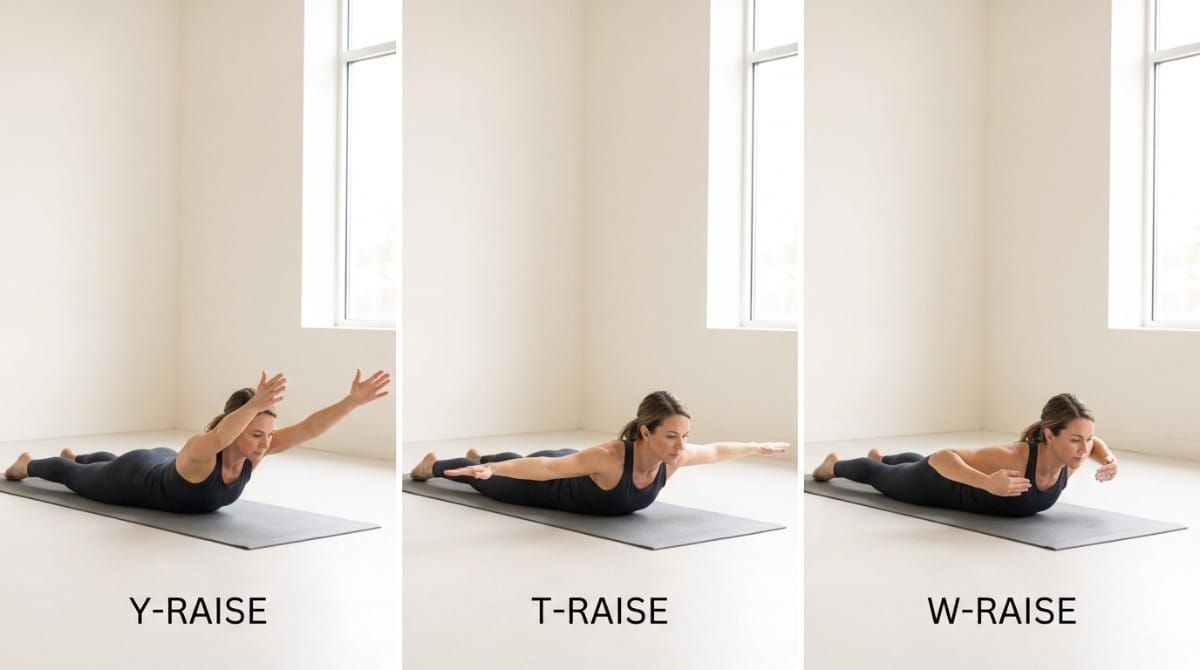 A three-panel exercise demonstration showing Y-raise, T-raise, and W-raise movements performed on a mat to improve upper-back strength and shoulder stability.