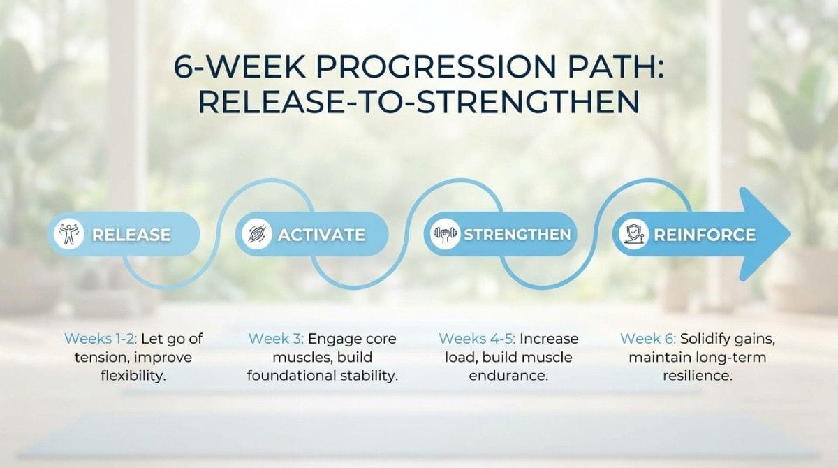 A six-week posture correction roadmap outlining four phases: release, activate, strengthen, and reinforce, with milestones for flexibility, stability, and resilience.