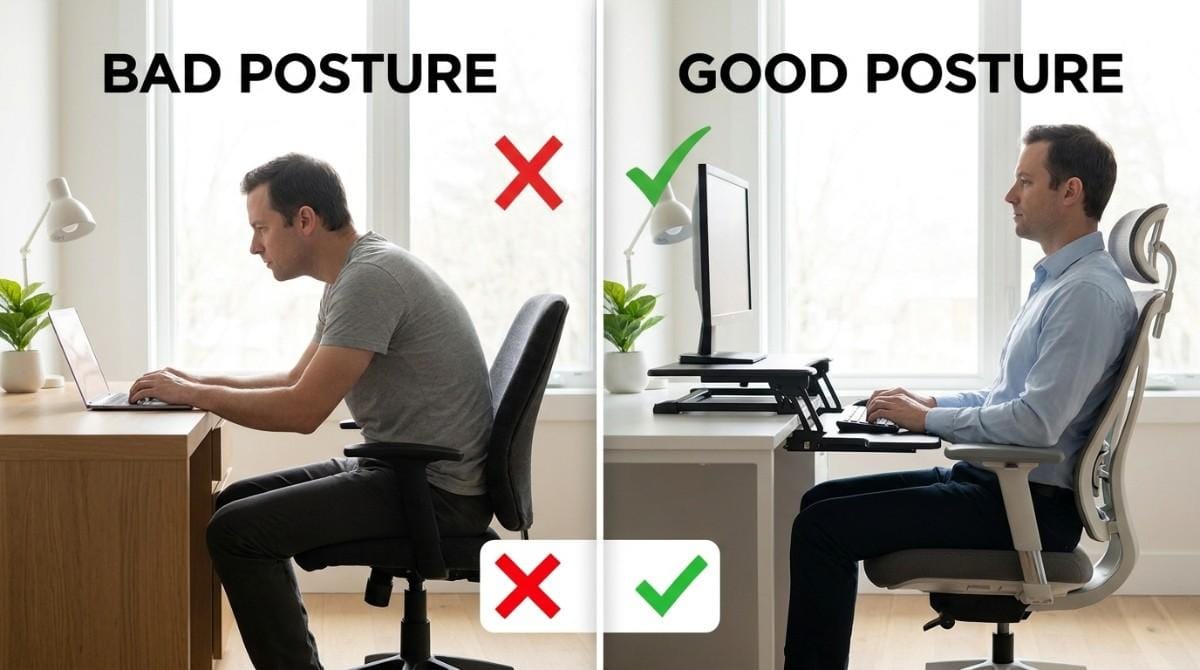 Side-by-side comparison of poor and good desk posture with ergonomic workstation adjustments.