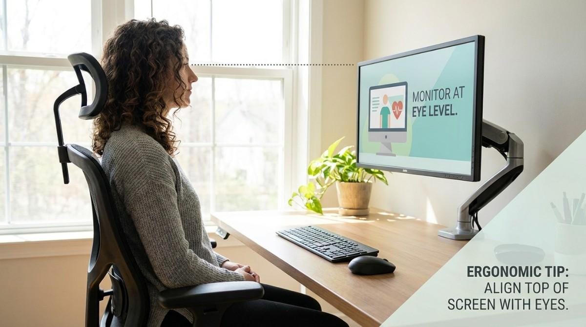 Person seated at a desk with monitor positioned at eye level to promote ergonomic posture.