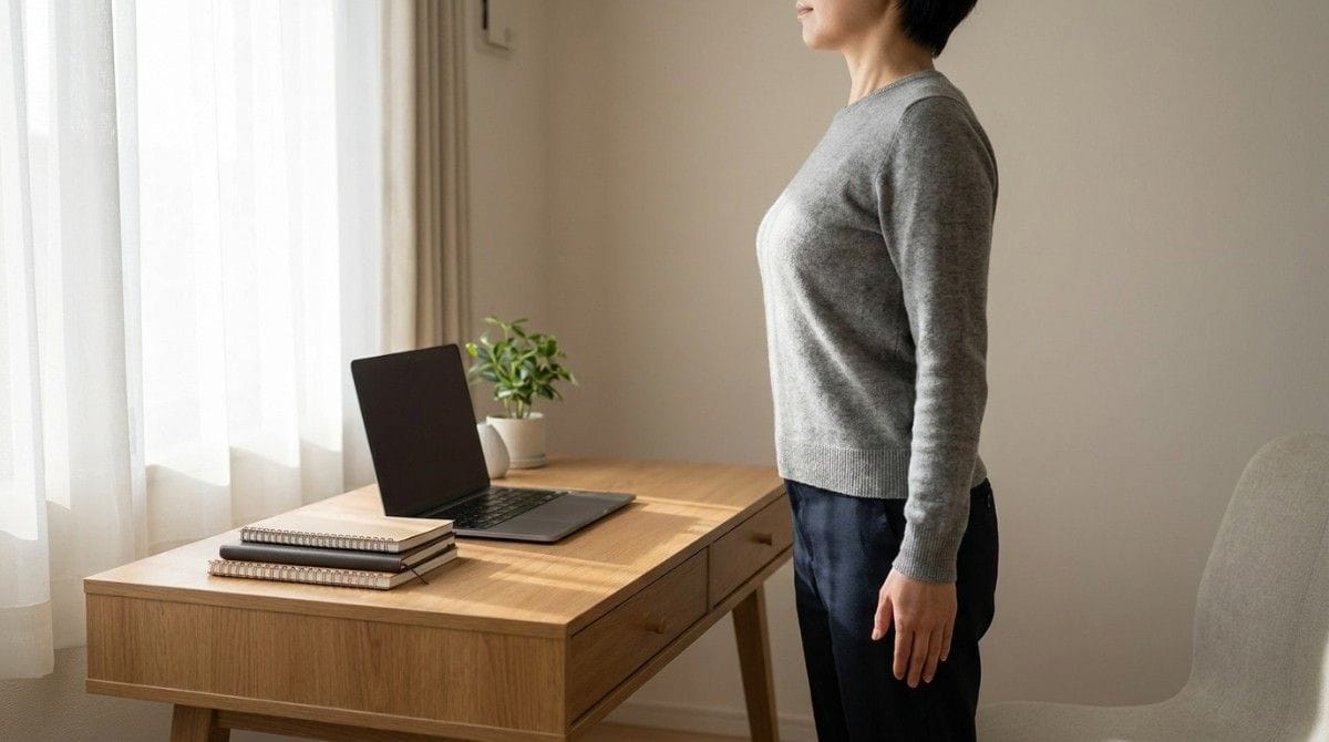 Person standing beside a desk demonstrating upright posture with shoulders aligned and chest open.