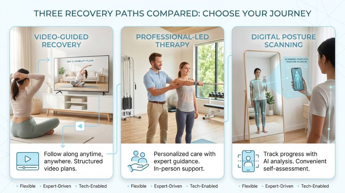 Infographic comparing video-guided recovery, professional therapy, and AI digital posture scanning.
