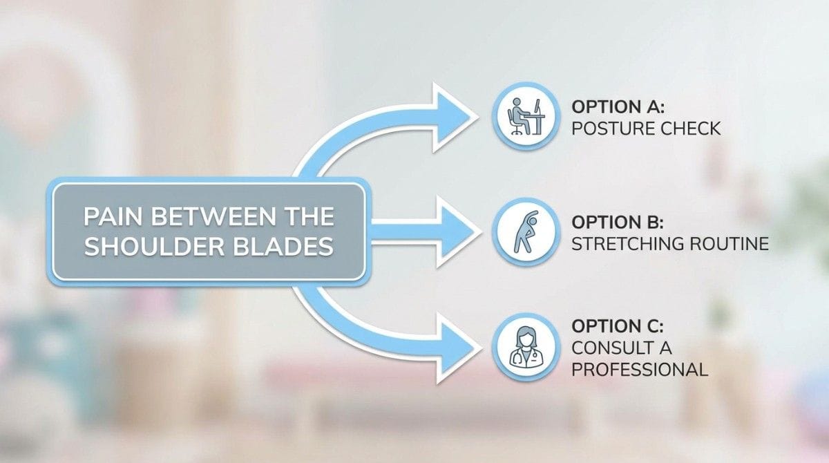 Flowchart showing options for shoulder blade pain: posture check, stretching routine, or professional consultation.