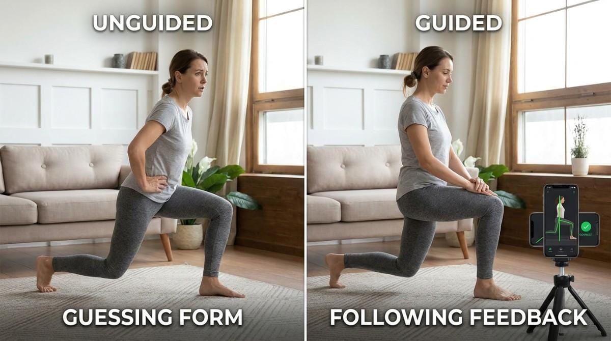 Side-by-side comparison of unguided exercise form versus AI-guided feedback during a lunge.