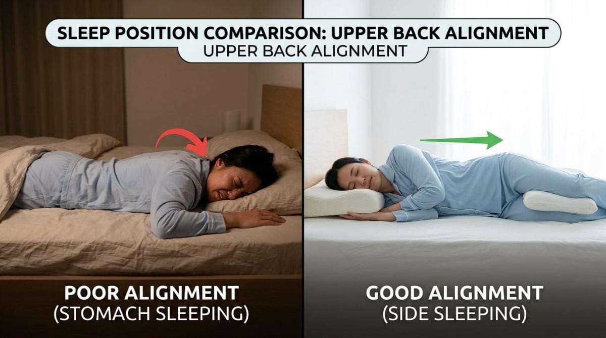 Split image comparing poor upper back alignment during stomach sleeping with improved alignment during side sleeping.