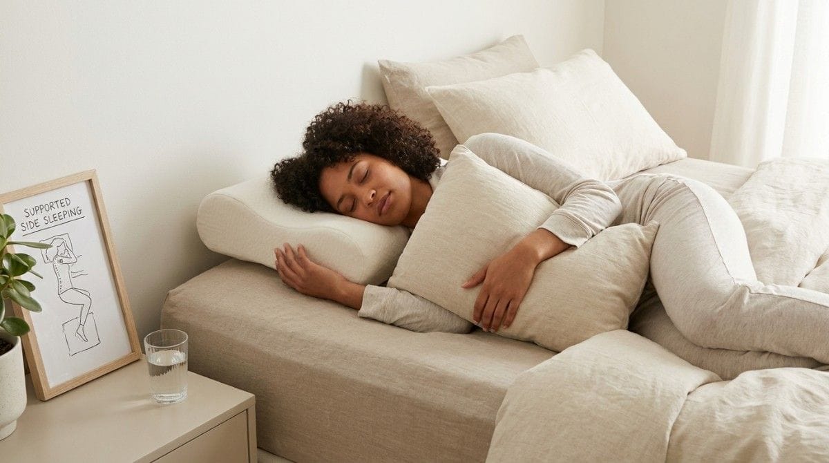 Person sleeping on their side using a contoured pillow and body pillow to support healthy sleep posture.