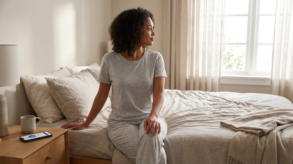 Person sitting on the edge of a bed in a bright bedroom, looking out the window with a phone on the nightstand.