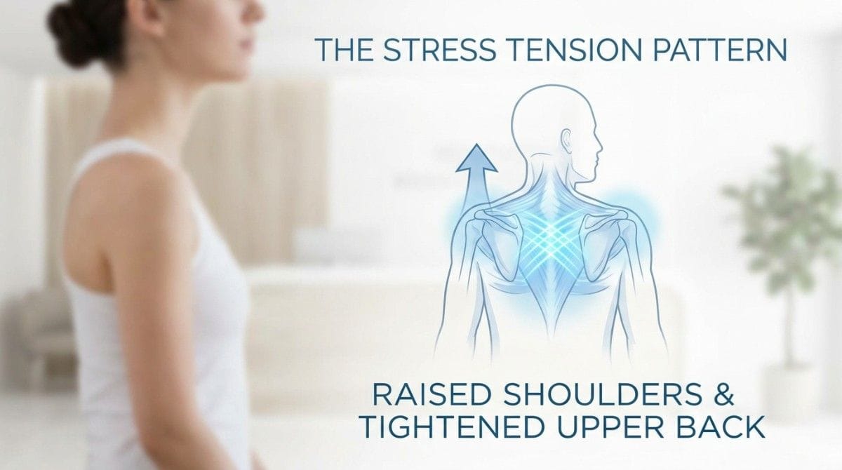 Graphic showing how stress contributes to raised shoulders and upper back muscle tension.