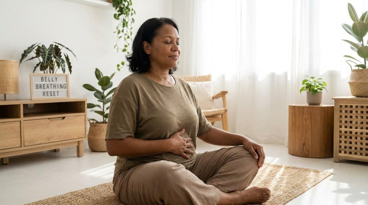 Person practicing belly breathing while seated cross-legged in a bright living room with one hand on the abdomen.