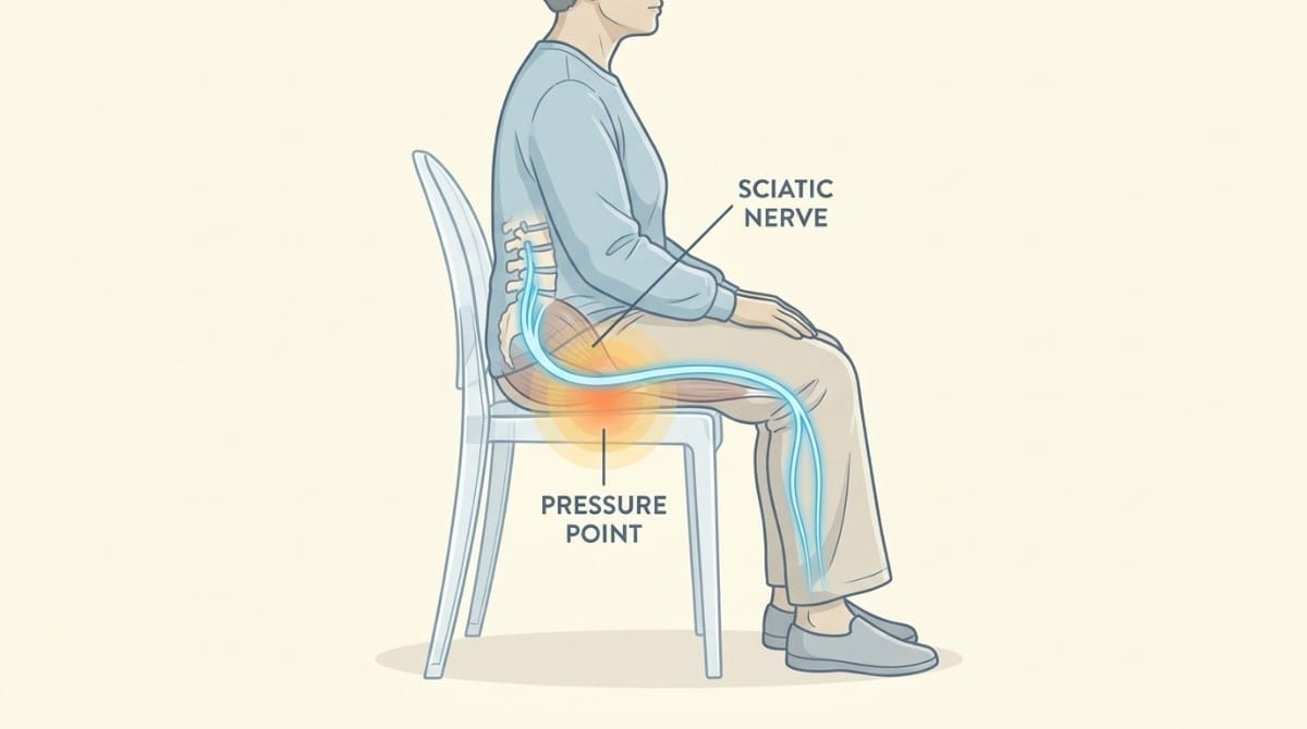Diagram showing pressure on the sciatic nerve while sitting and the affected pressure point.