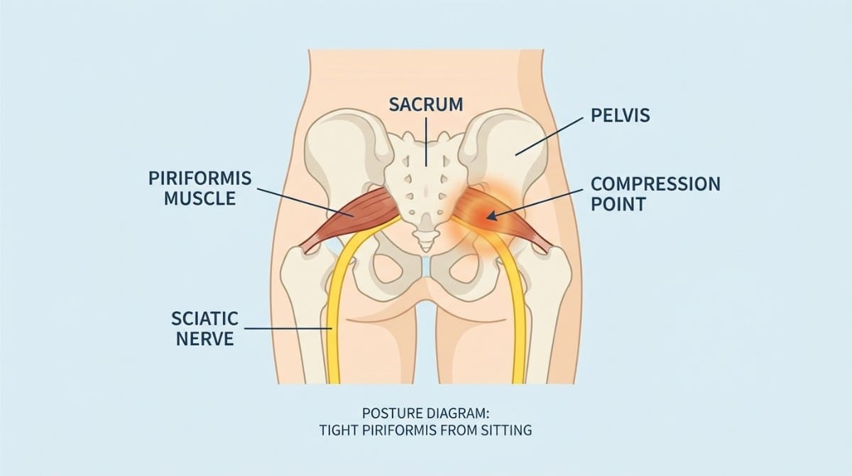 Anatomical diagram showing the piriformis muscle, sciatic nerve, and compression point near the pelvis.