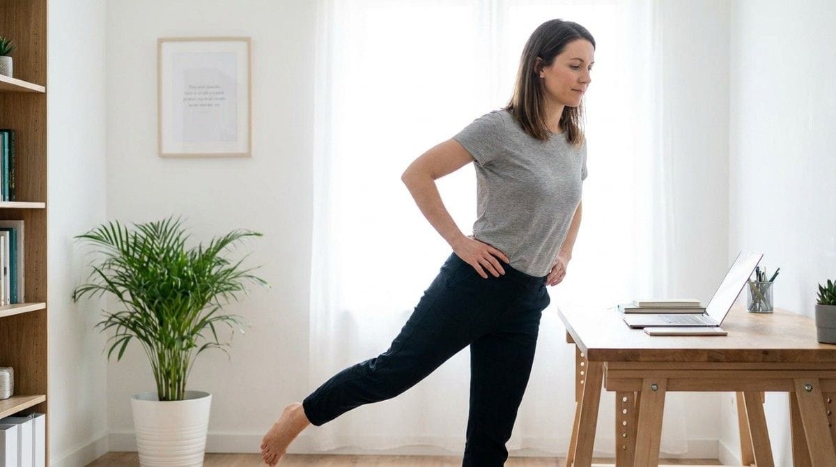 Person performing a standing leg extension beside a desk in a bright home office.