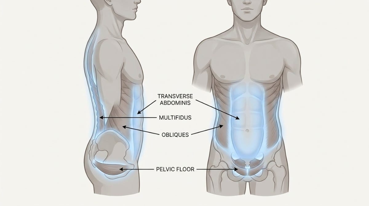 Anatomical illustration highlighting the transverse abdominis, multifidus, obliques, and pelvic floor muscles.