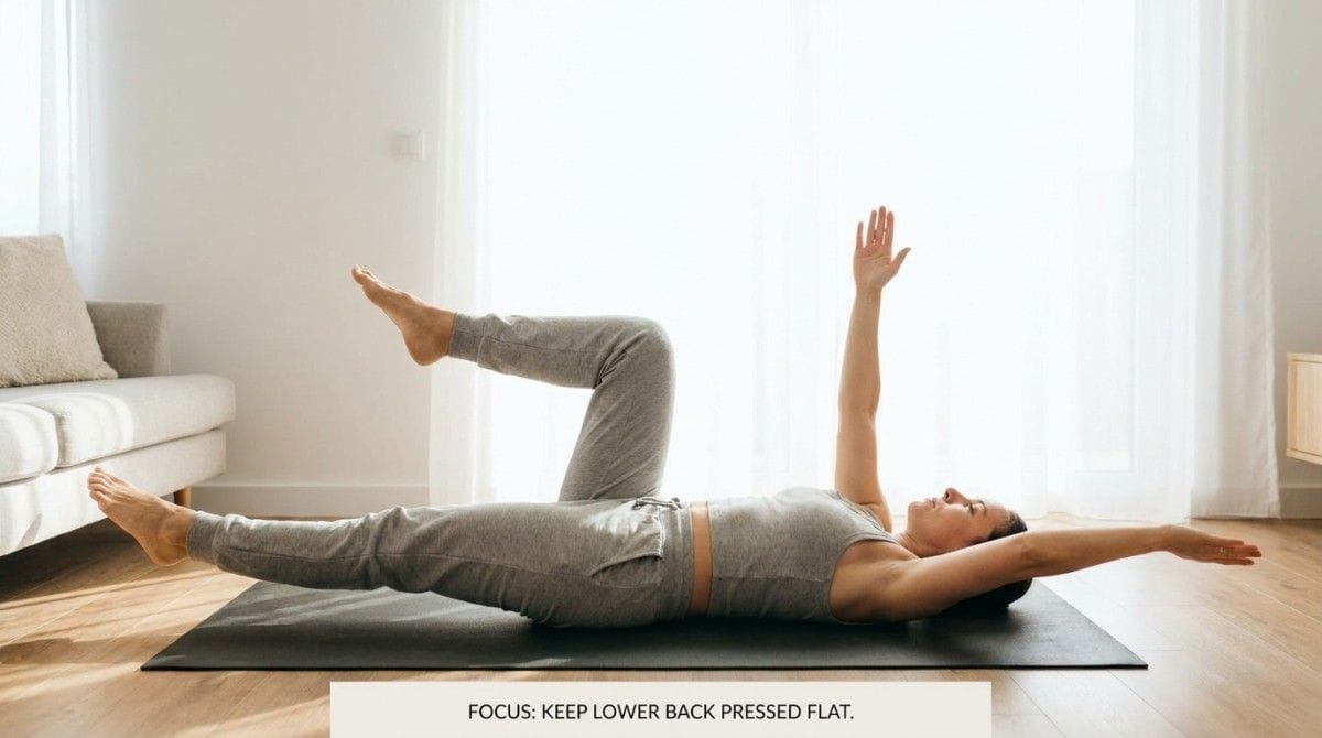 Person performing the Dead Bug exercise on a mat with opposite arm and leg extended, keeping the lower back flat.