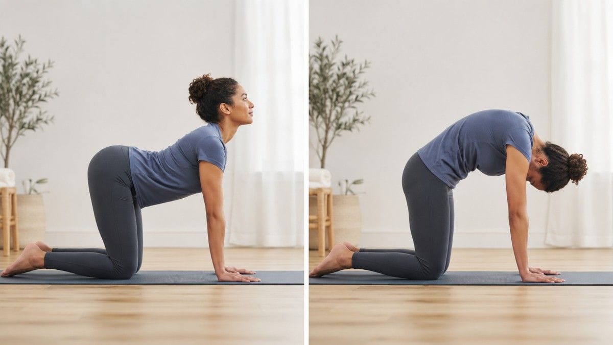 Split image of a woman performing Cat-Cow stretch, alternating between cow pose and cat pose on a yoga mat.