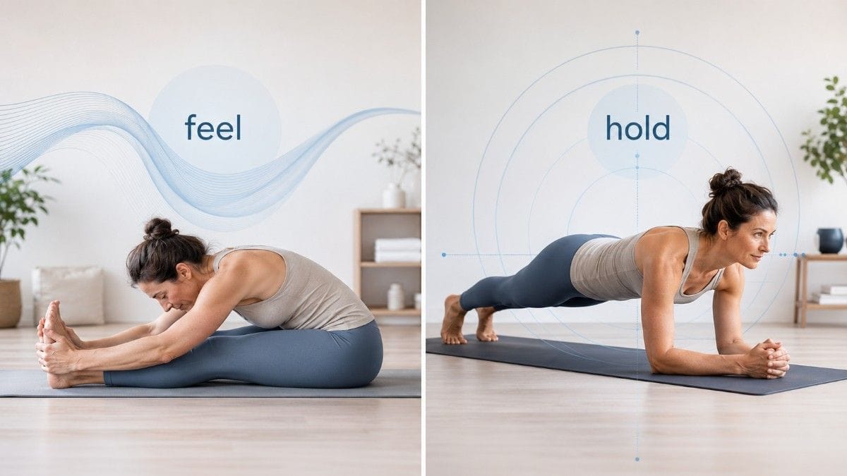 Split image showing a seated hamstring stretch and a forearm plank with "feel" and "hold" prompts.