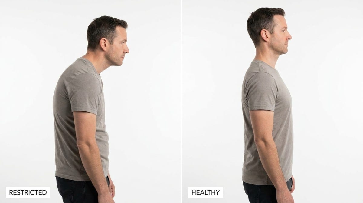 Side-by-side comparison showing restricted posture versus healthy upright posture after improving thoracic mobility.