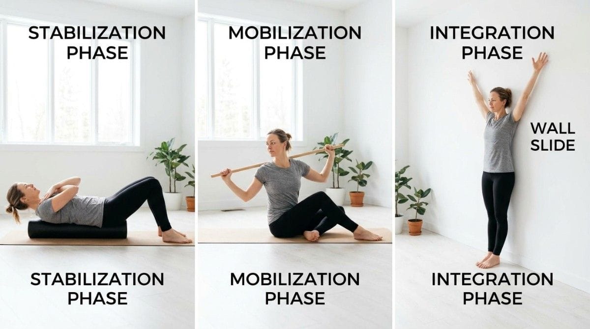 Infographic showing stabilization, mobilization, and integration exercises for improving thoracic spine mobility.