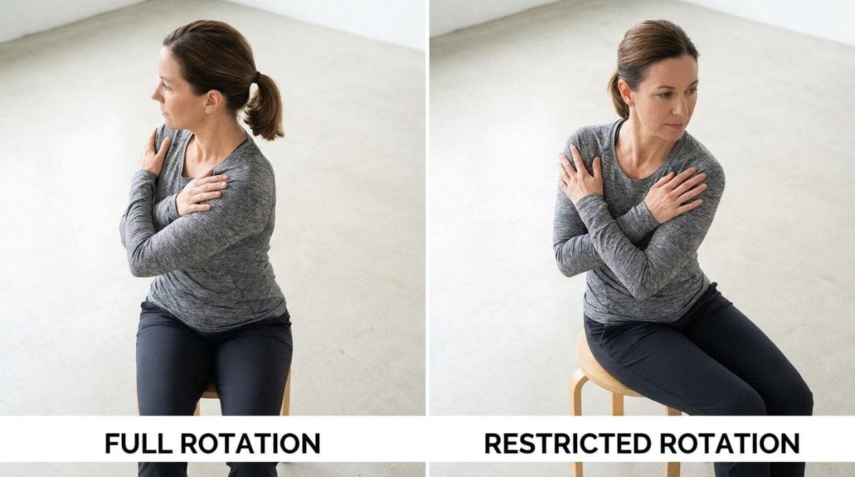 Side-by-side comparison of full versus restricted seated thoracic rotation during an upper back mobility assessment.