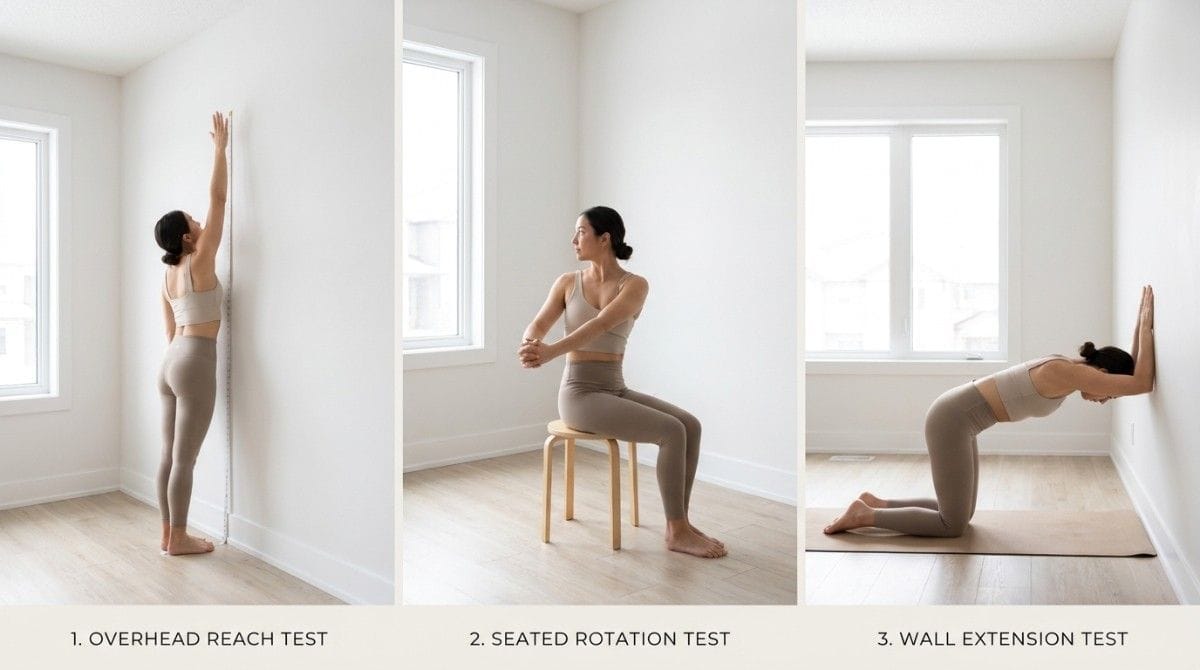 Three thoracic mobility tests: overhead wall reach, seated rotation, and wall extension assessment for upper back mobility.