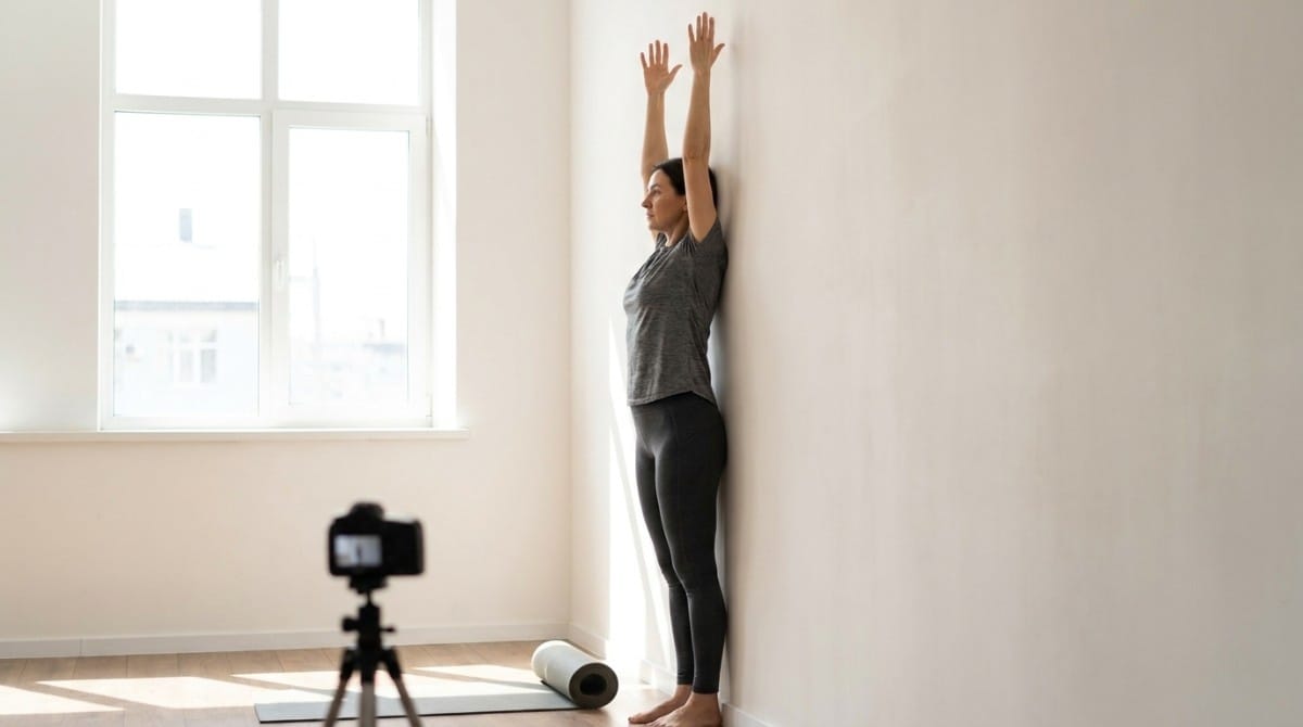 Woman performing an overhead wall reach test to assess shoulder flexibility and thoracic spine mobility.