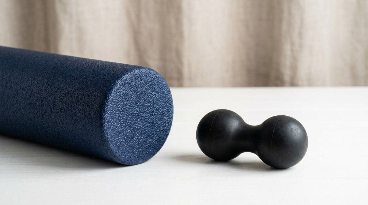 Blue foam roller and black massage peanut placed side by side on a tabletop.