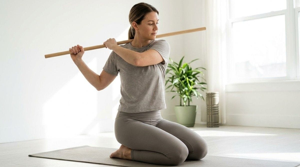 Woman kneeling on a yoga mat performing a thoracic rotation exercise with a wooden dowel.