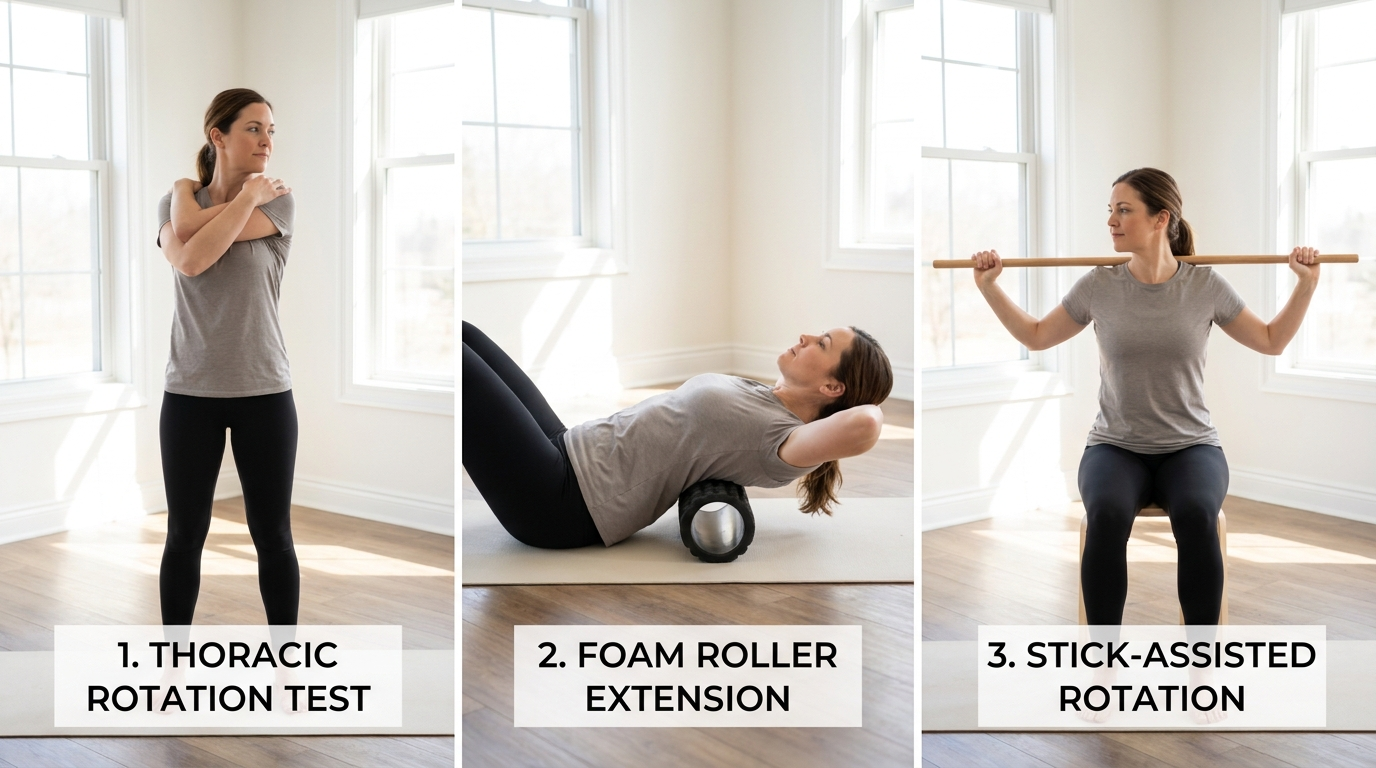 Collage showing a thoracic rotation test, foam roller extension, and stick-assisted rotation exercise.