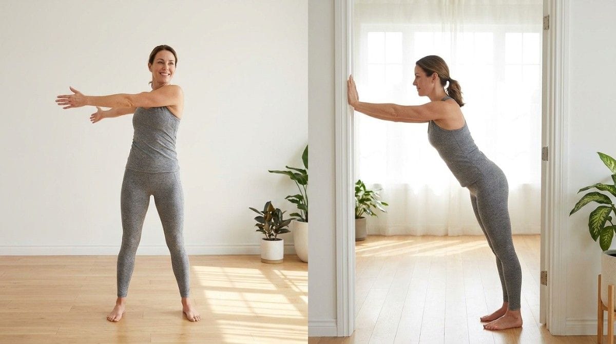 Woman performing a standing torso rotation and a doorway chest stretch in a bright home exercise space.