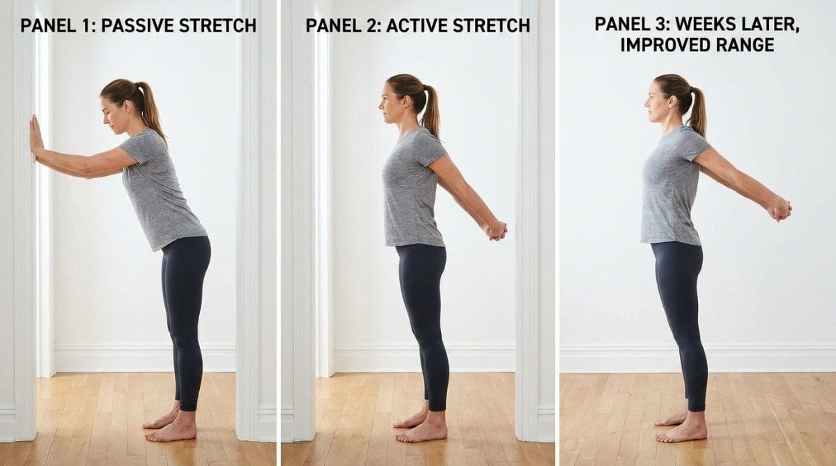 Three-panel comparison showing passive stretching, active shoulder mobility, and improved range of motion after training.