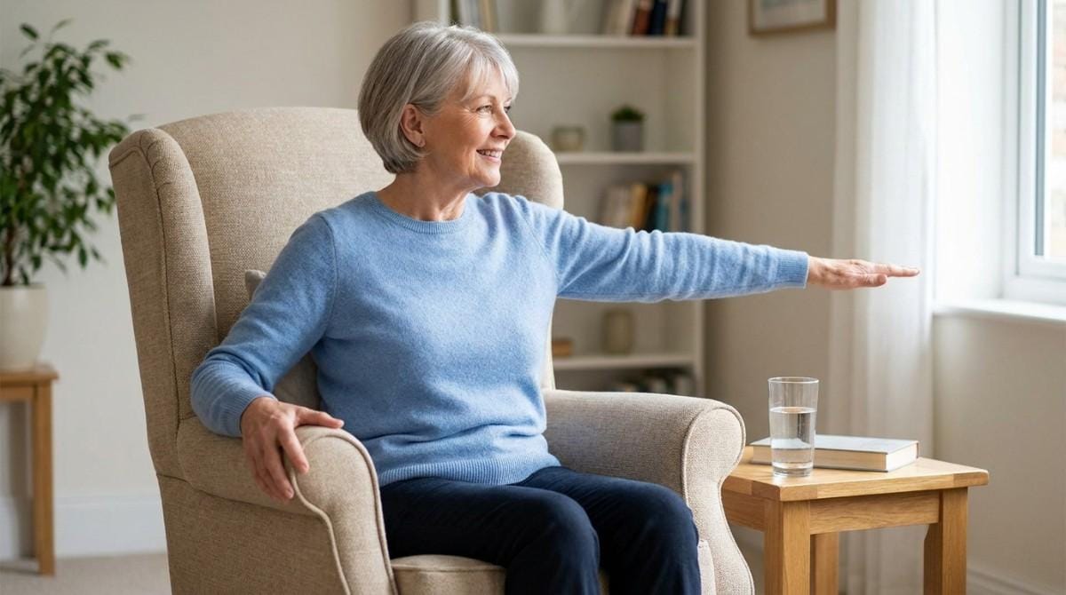 Senior woman performing a seated single-arm reach exercise in a chair to improve shoulder mobility and posture.