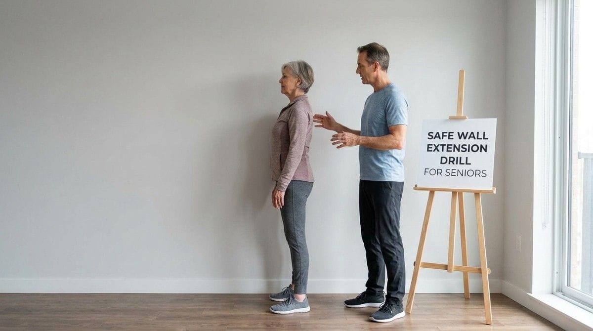 Physical therapist guiding a senior through a safe standing wall extension exercise for posture and mobility.