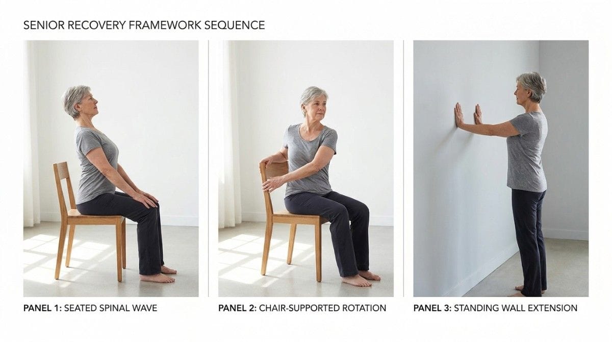 Three-panel guide showing seated spinal wave, chair-supported rotation, and standing wall extension exercises for seniors.
