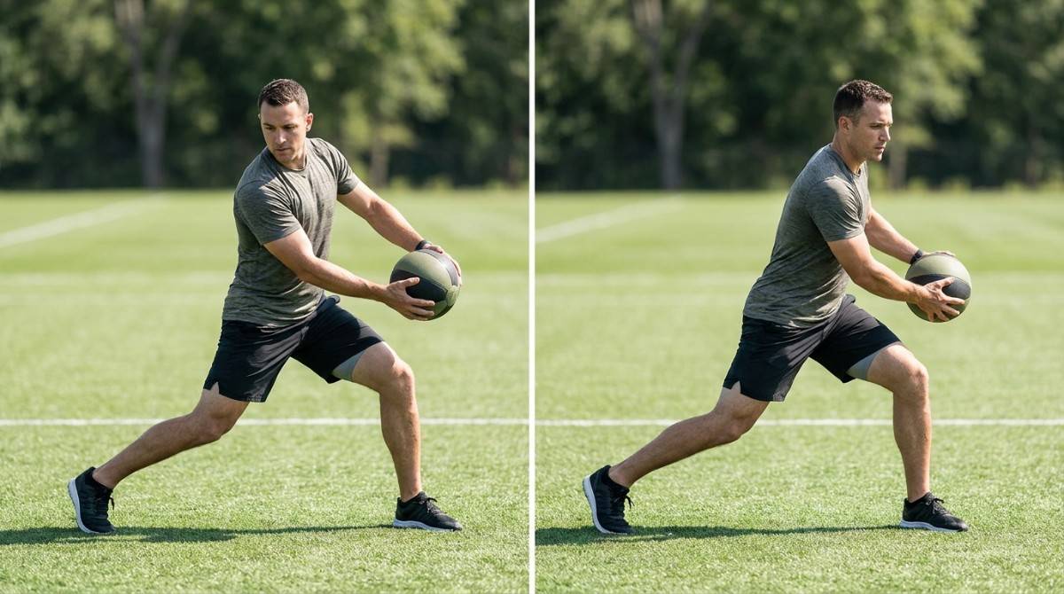 Athlete performing a rotational medicine ball exercise to improve core power and golf swing performance.