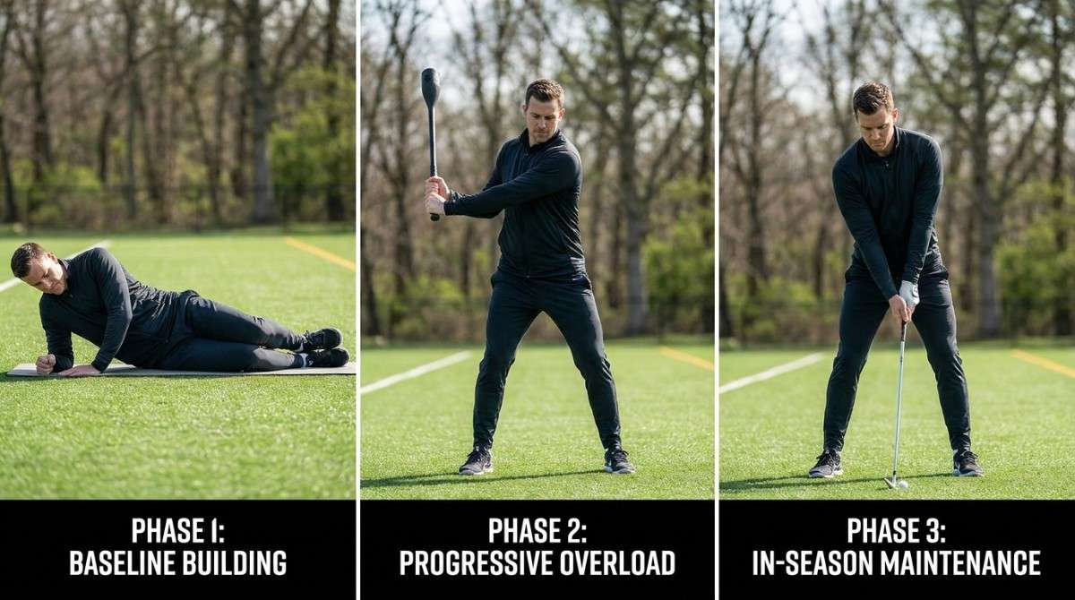 Three-phase golf training progression showing baseline mobility, progressive overload, and in-season maintenance exercises.
