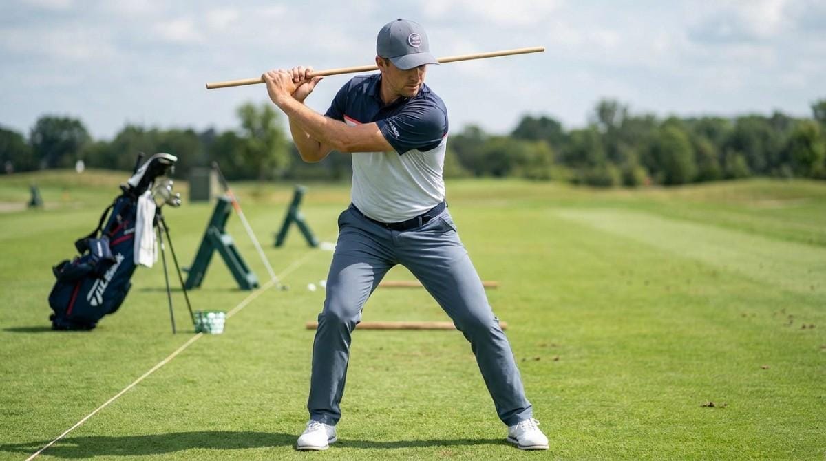 Golfer performing a shoulder rotation drill with an alignment stick across the upper back on a driving range.