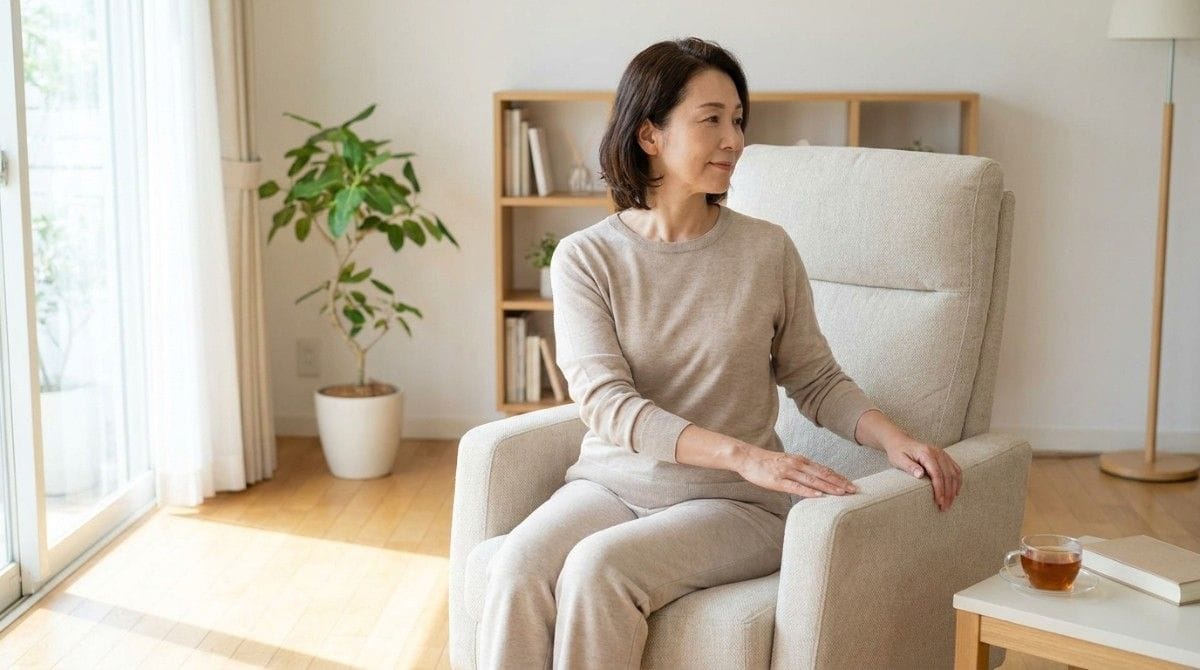 Person seated in a chair performing a gentle neck rotation exercise in a bright living room.