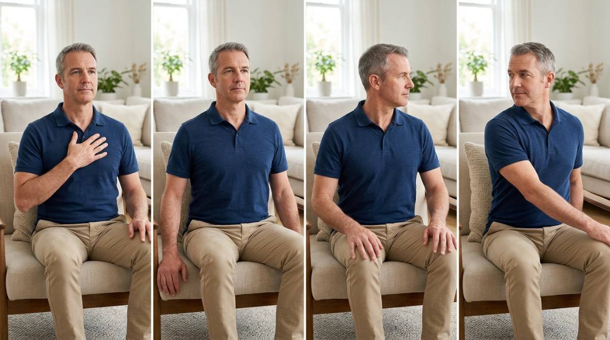 Four-step sequence showing a seated neck mobility exercise with controlled head rotations and proper posture.