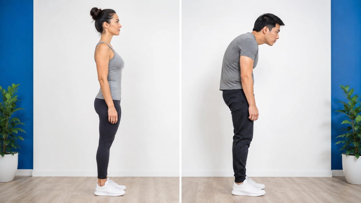 Side view comparing an upright standing posture with a rounded, forward-leaning posture.
