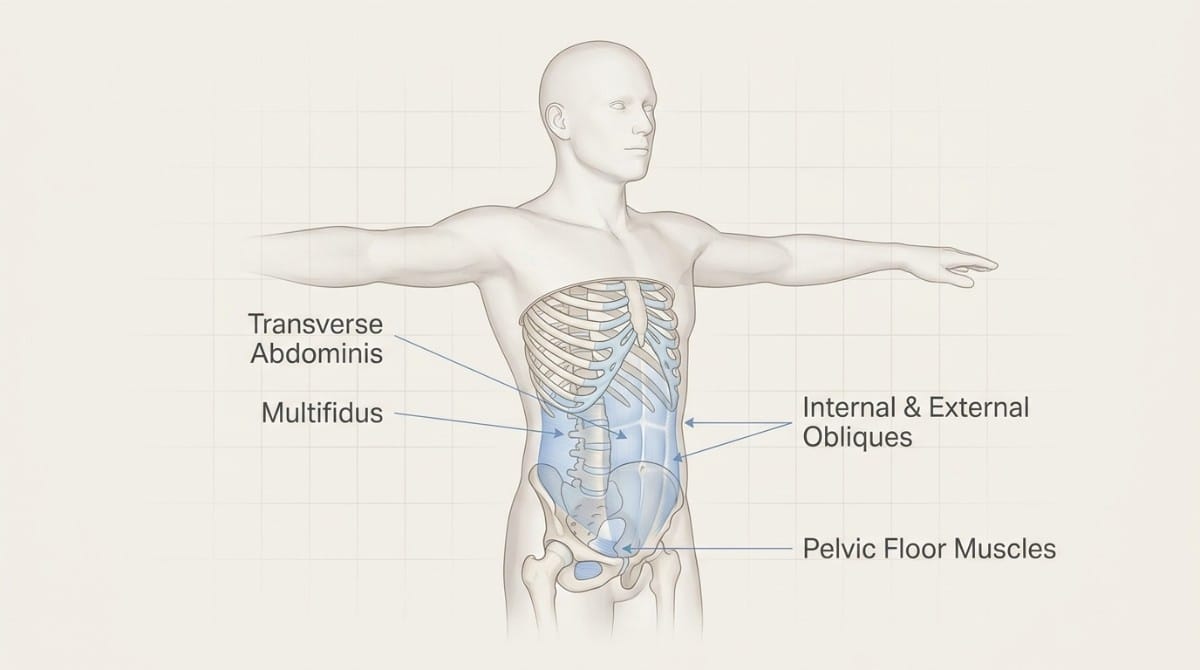 Anatomical illustration highlighting the transverse abdominis, multifidus, obliques, and pelvic floor muscles.