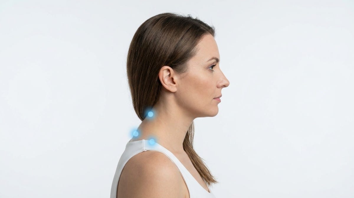 Side profile of a woman highlighting the neck and upper spine to illustrate forward head posture.