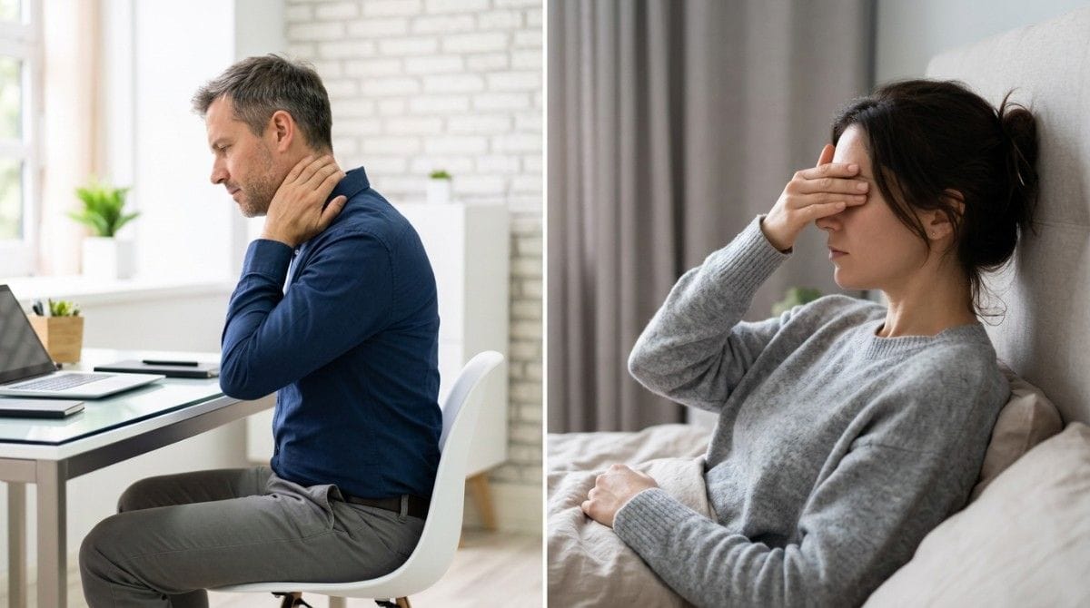 Split image showing a man with neck pain at a desk and a woman experiencing a headache while sitting in bed.