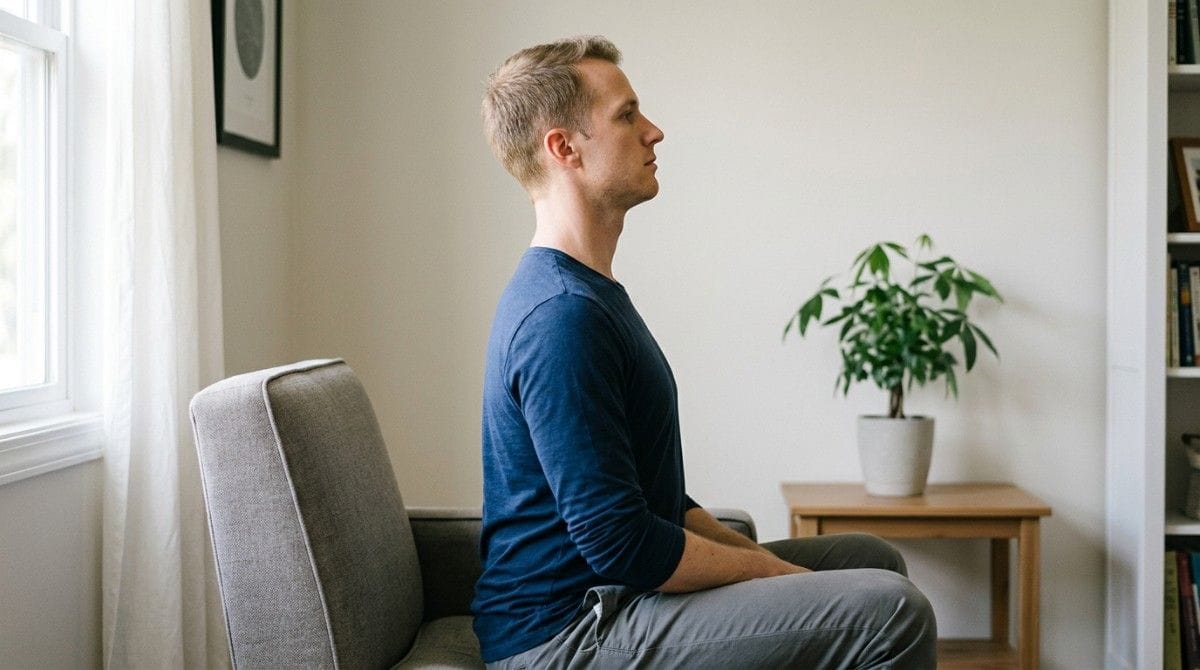 Man sitting upright on a chair with proper posture in a bright living room.