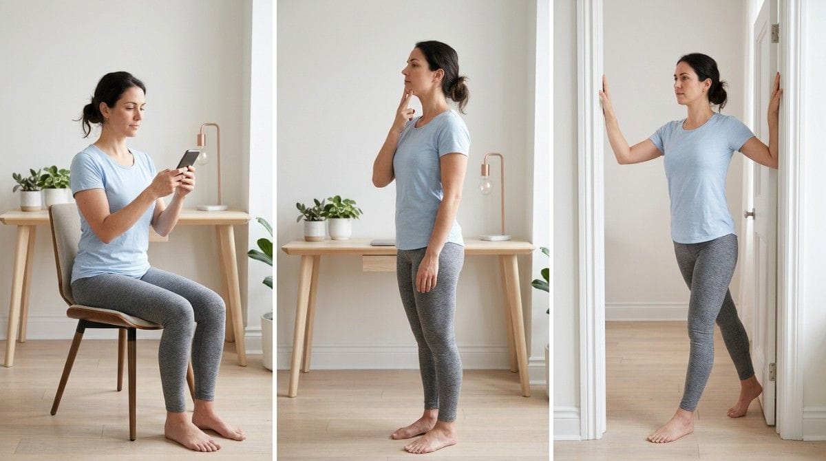 Three-step sequence showing a woman checking phone posture, assessing head position, and performing a doorway stretch.